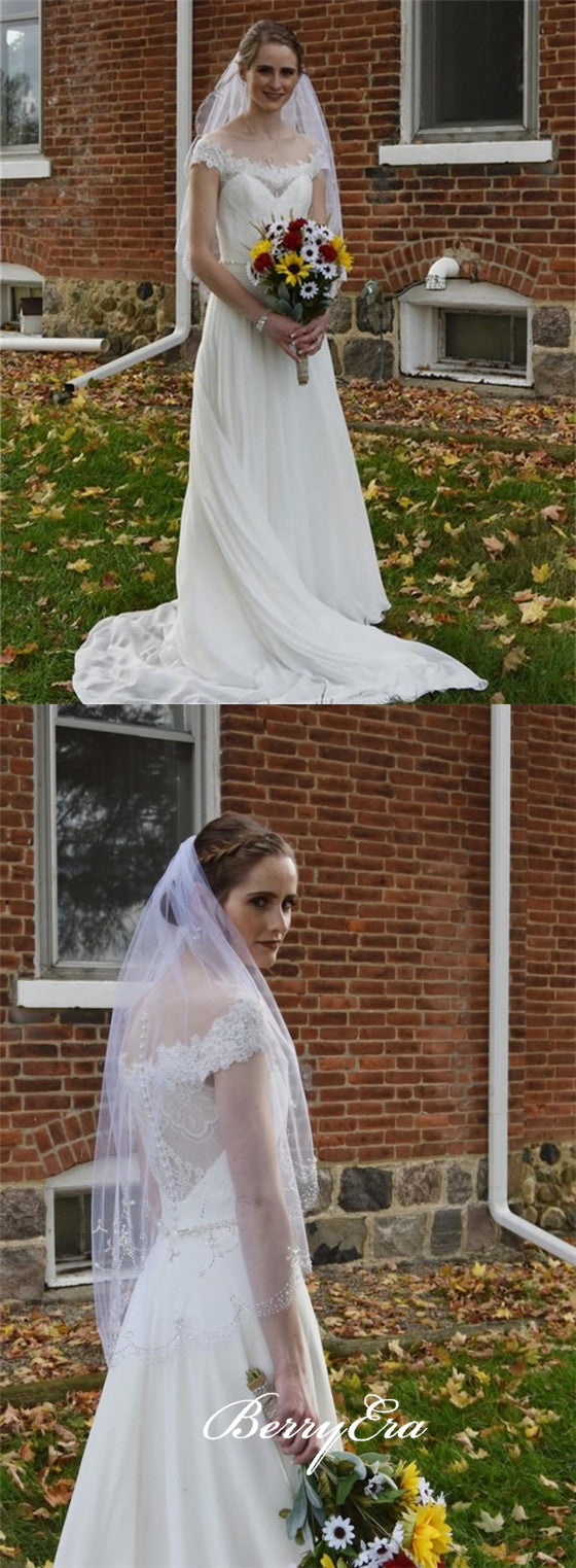 Off Shoulder Long A-line Lace Chiffon Wedding Dresses With Veil