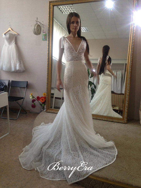 V-neck Long Mermaid Lace Wedding Dresses, Long Wedding Dresses