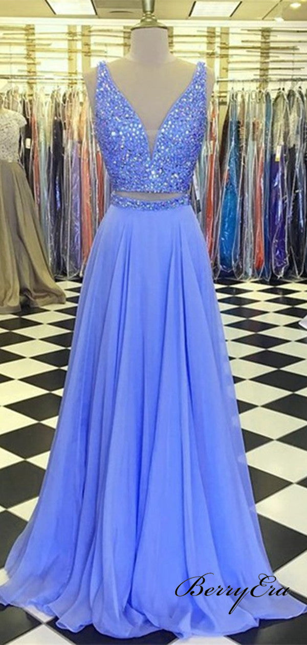 Two Pieces V-neck Prom Dresses, Chiffon A-line Prom Dresses, Luxury Beaded Prom Dresses