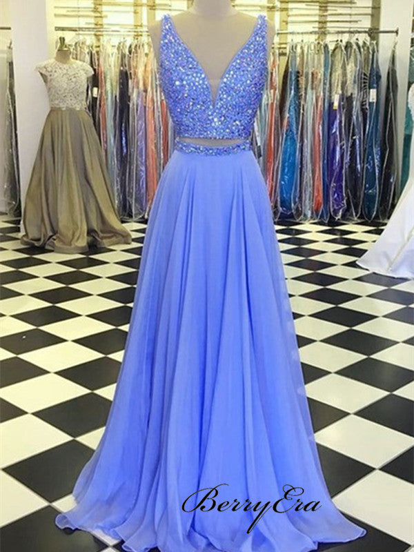 Two Pieces V-neck Prom Dresses, Chiffon A-line Prom Dresses, Luxury Beaded Prom Dresses