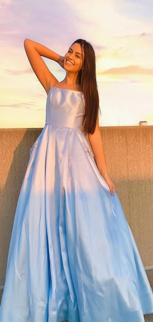 Lovely Light Blue Satin Prom Dresses With Pockets, 2020 Popular Prom Dresses, A-line Prom Dresses, Affordable Prom Dresses