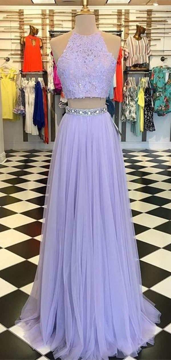 2 Pieces Lilac Lace Tulle Prom Dresses, Cheap Beaded Prom Dresses