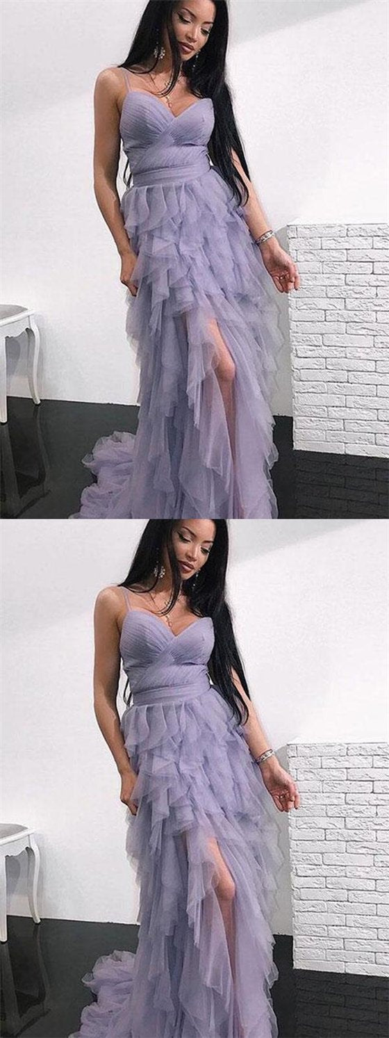 Unique Spaghetti Hi-low Dusty Purple Tulle Prom Dresses