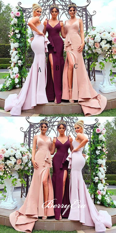 Simple Jersey Long Mermaid Side Slit Bridesmaid Dresses