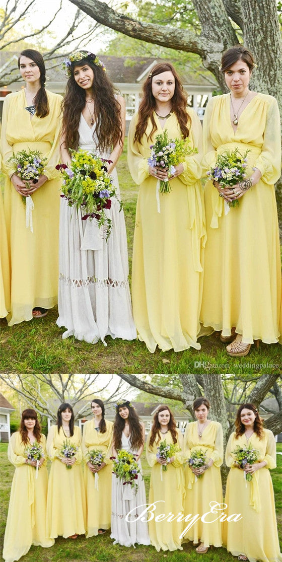 Long Sleeves A-ine Yellow Chiffon Boho Wedding Bridesmaid Dresses