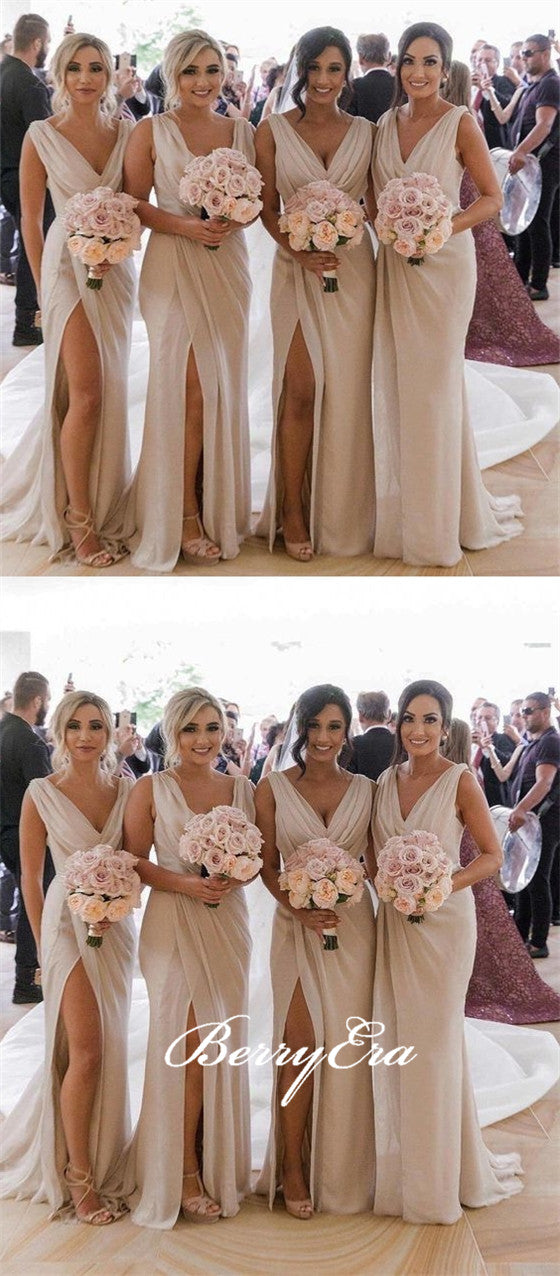 V-neck Side Slit Chiffon Long Bridesmaid Dresses