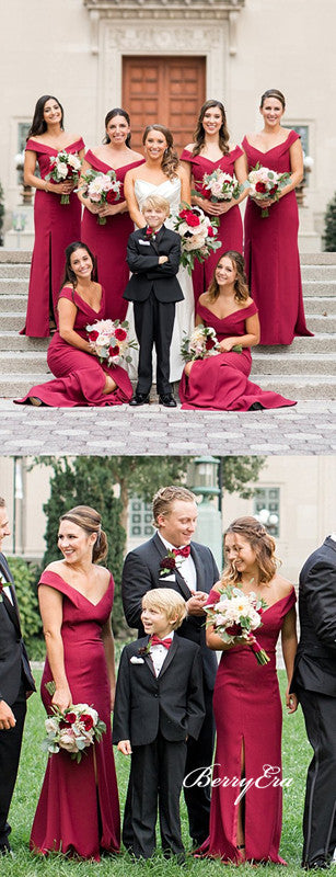 Off Shoulder Burgundy Jersey Bridesmaid Dresses, Long Bridesmaid Dresses