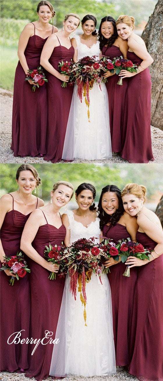 Spaghetti Chiffon Maroon Sheath Long Bridesmaid Dresses