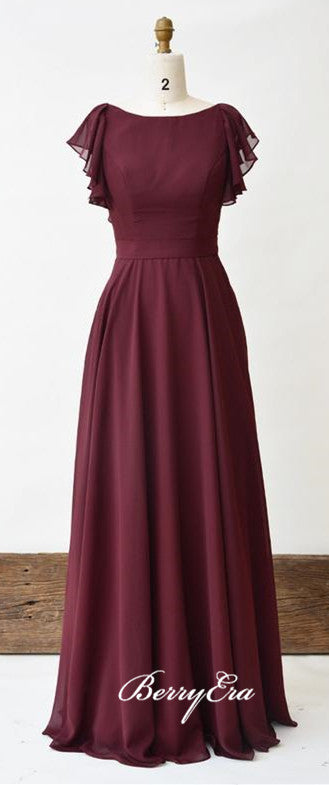 Lovely Cap Sleeve Maroon Chiffon A-line Long Bridesmaid Dresses