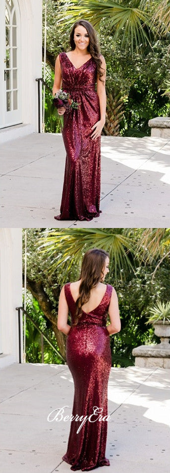 V-neck Burgundy Sequin Bridesmaid Dresses, Popular Bridesmaid Dresses