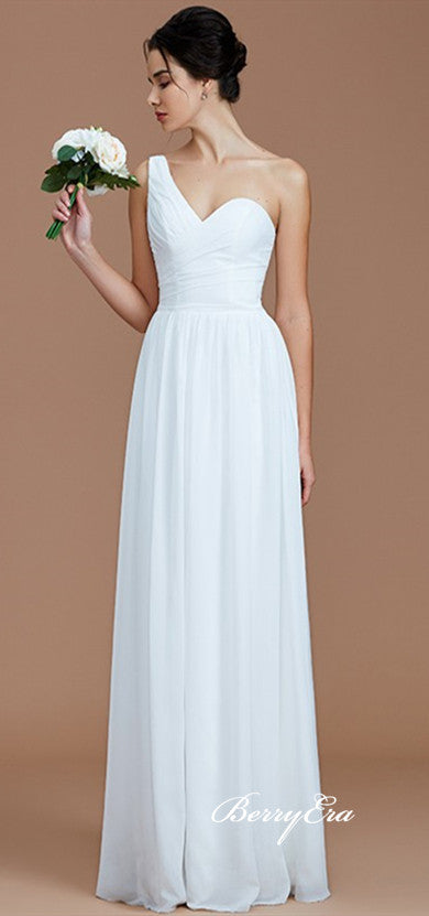 One Shoulder White Chiffon A-line Bridesmaid Dresses