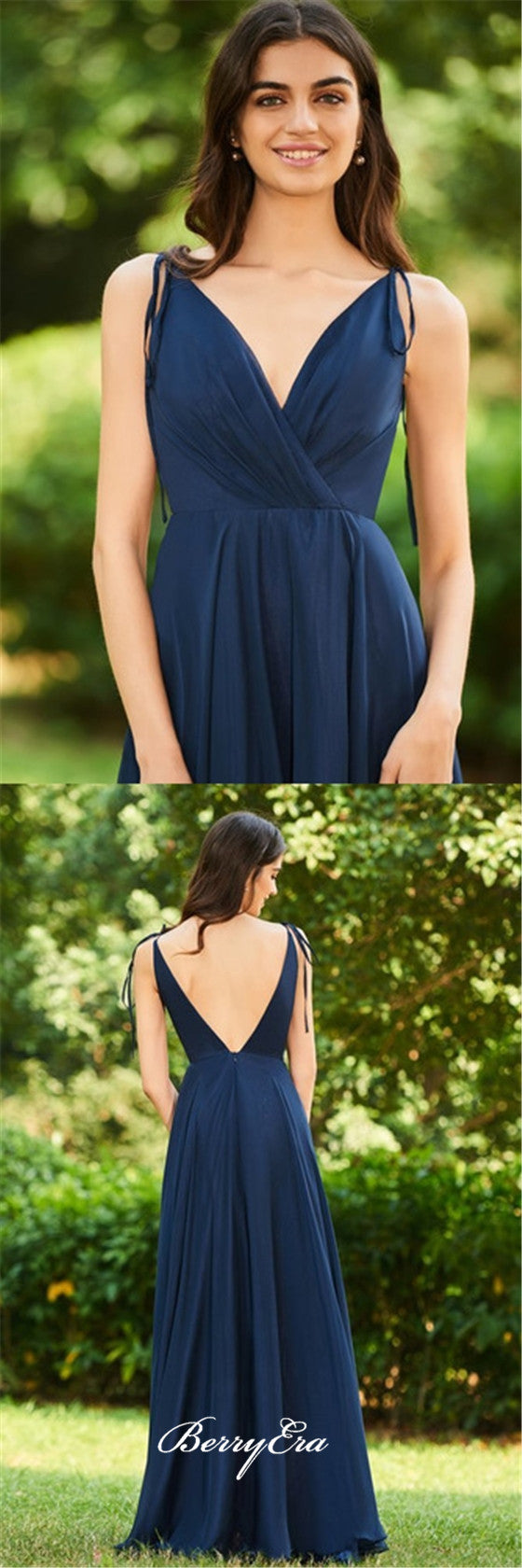 V-neck Navy Chiffon A-line Bridesmaid Dresses, Simple Bridesmaid Dresses