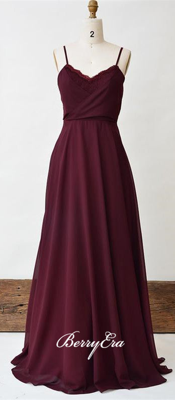 Spaghetti Maroon Long A-line Chiffon Lace Bridesmaid Dresses