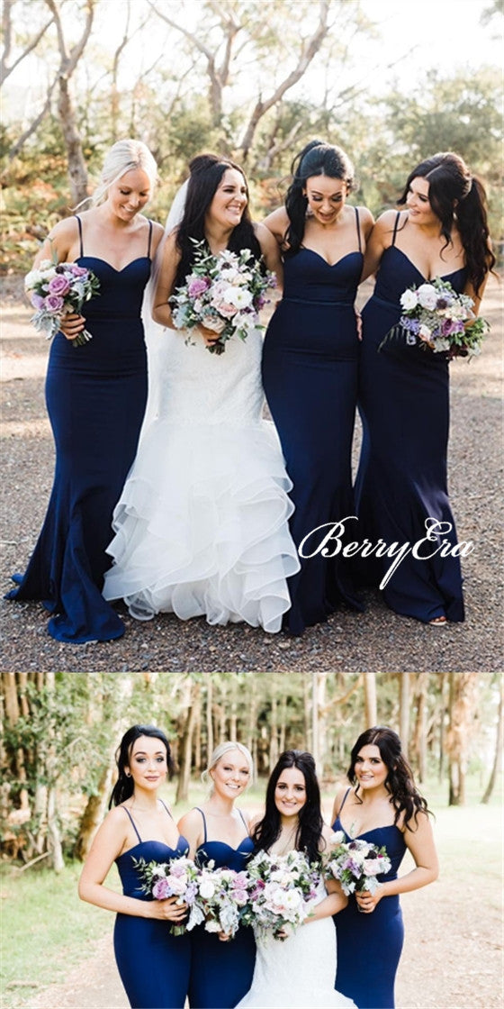 Spaghetti Navy Mermaid Jersey Bridesmaid Dresses, Long Bridesmaid Dresses