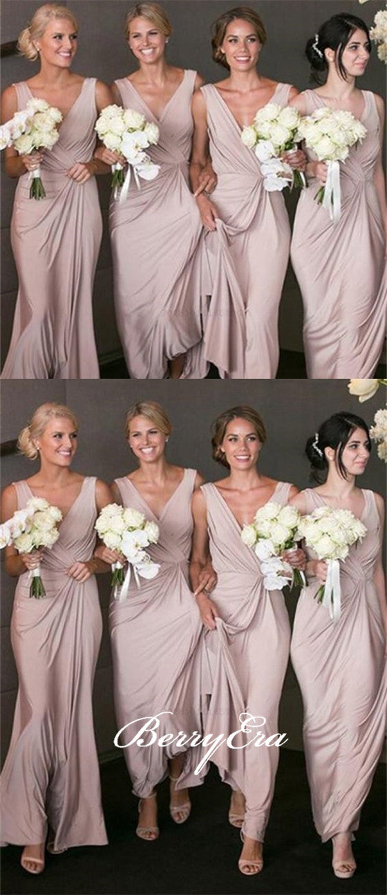 V-neck Sheath Jersey Long Bridesmaid Dresses, Popular Bridesmaid Dresses