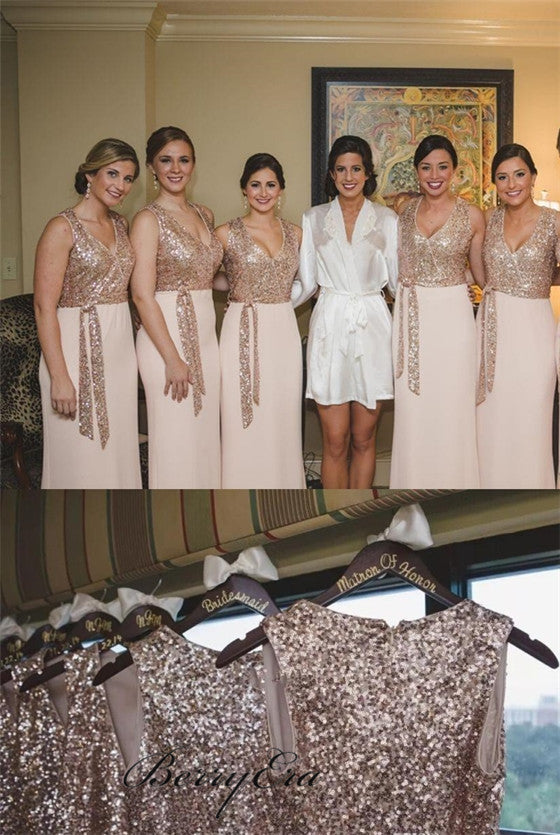 V-neck Sequin Top Sheath Bridesmaid Dresses, Elegant Bridesmaid Dresses, Bridesmaid Dresses