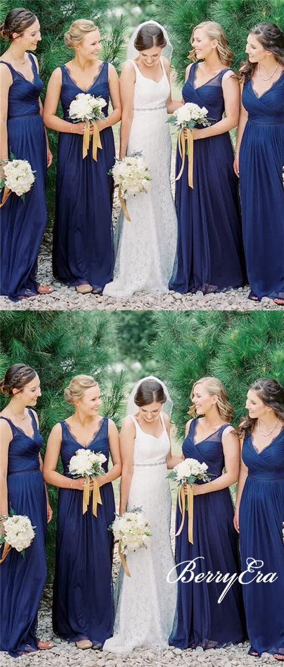 V-neck Lace Chiffon A-line Long Bridesmaid Dresses