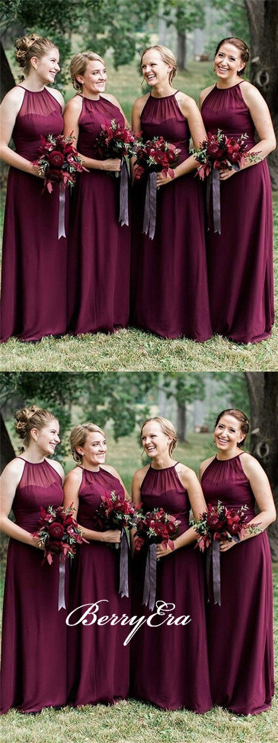 Halter Burgundy Chiffon Long A-line Bridesmaid Dresses