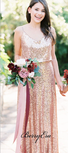 Spaghetti Long Sheath Sequin Bridesmaid Dresses, Long Bridesmaid Dresses