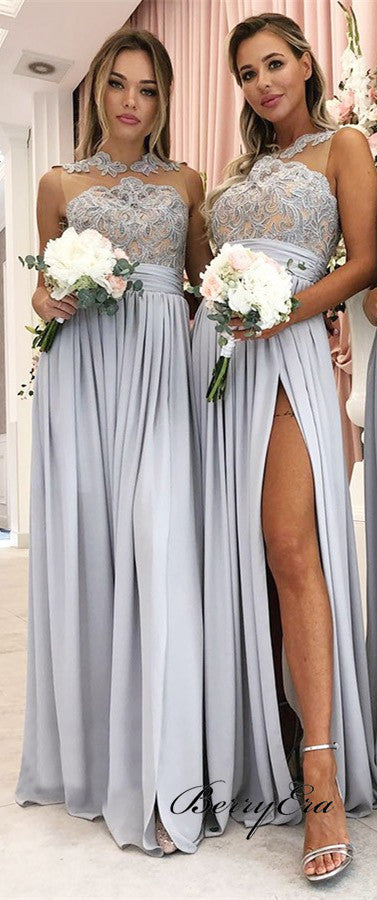 Sleeveless Lace Chiffon High Slit Long Bridesmaid Dresses