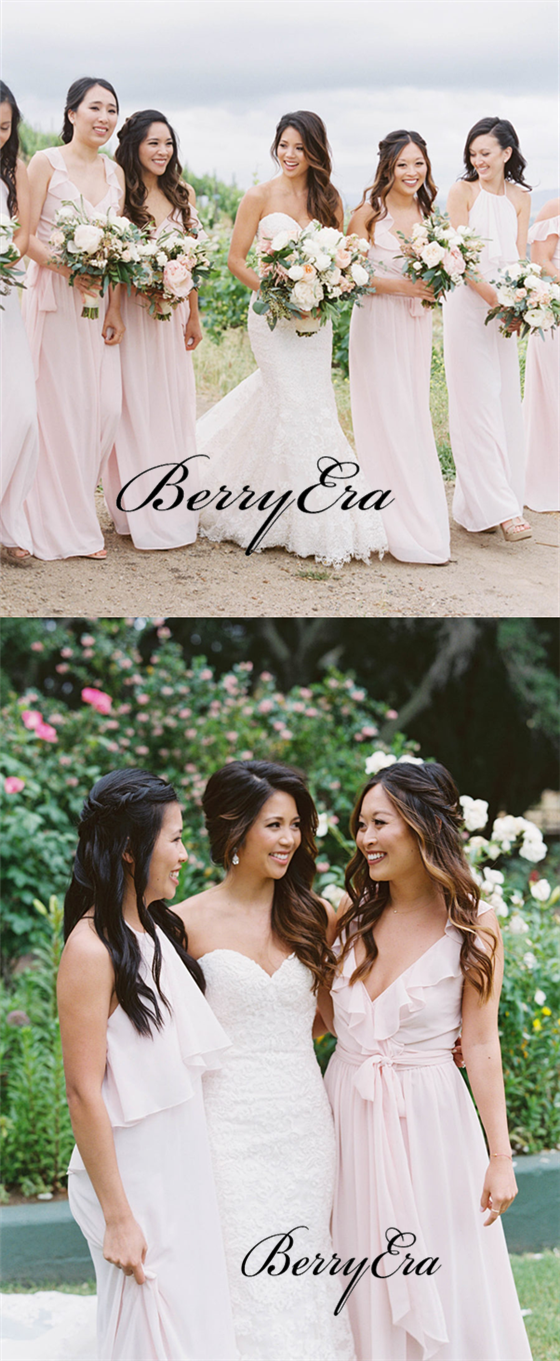 Mismatched Light Blush Pink Chiffon Long Bridesmaid Dresses