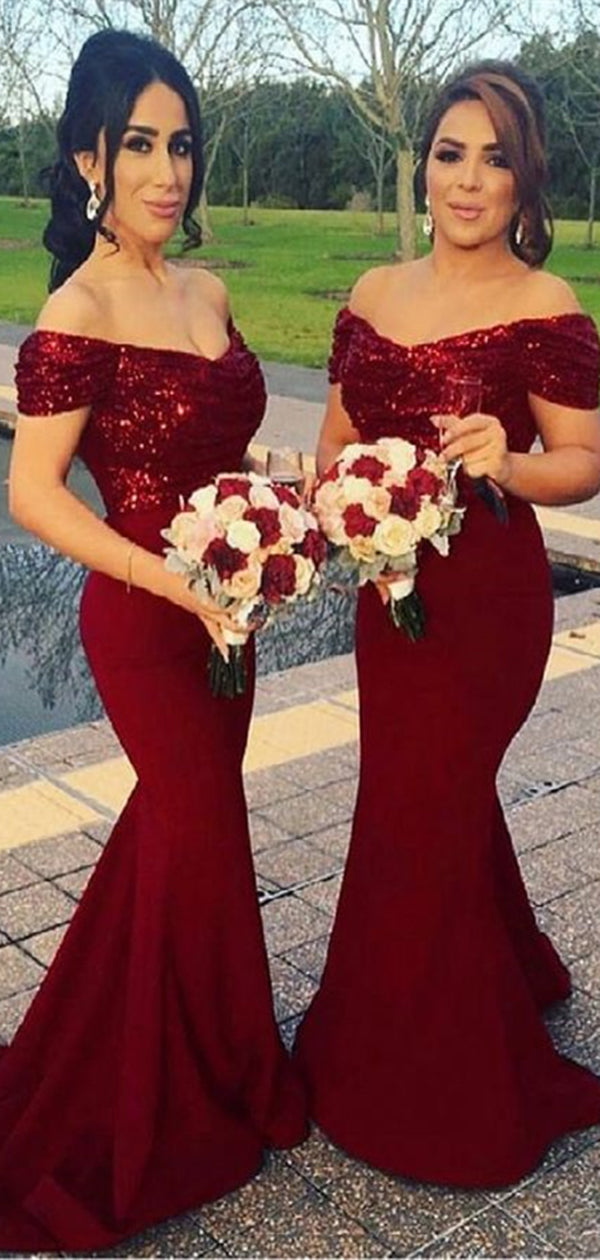 Off Shoulder Mermaid Sequin Top Bridesmaid Dresses, Long Bridesmaid Dresses