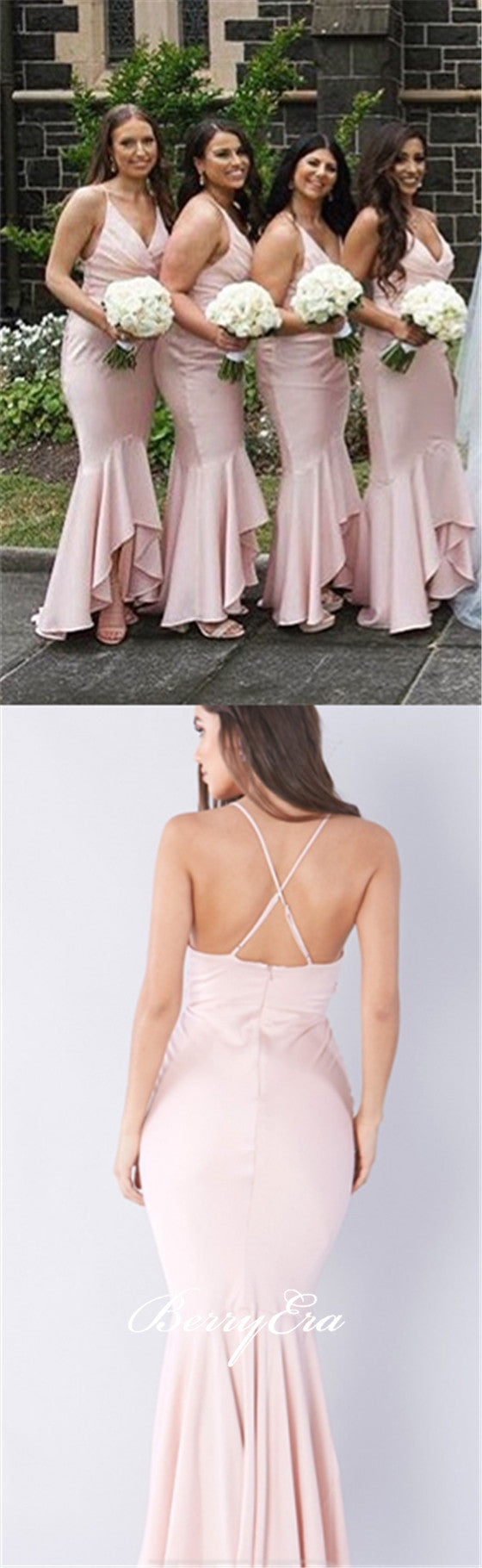 Pink Mermaid Elastic Satin Long Bridesmaid Dresses