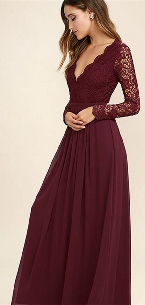 V-neck Long Sleeves Lace Chiffon Bridesmaid Dresses, Cheap Bridesmaid Dresses