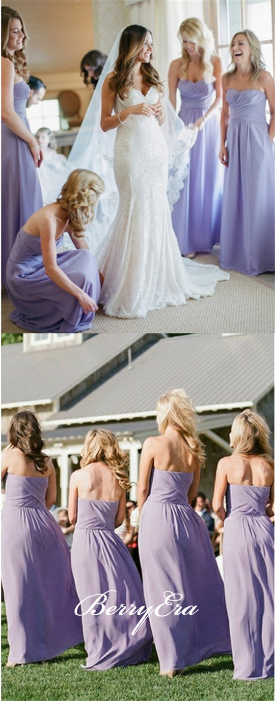 Strapless Lilac Chiffon A-line Long Bridesmaid Dresses