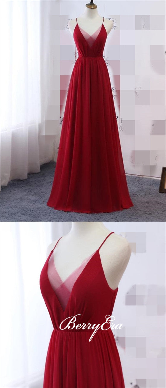 Red Chiffon Long A-line Bridesmaid Dresses, Popular Bridesmaid Dresses