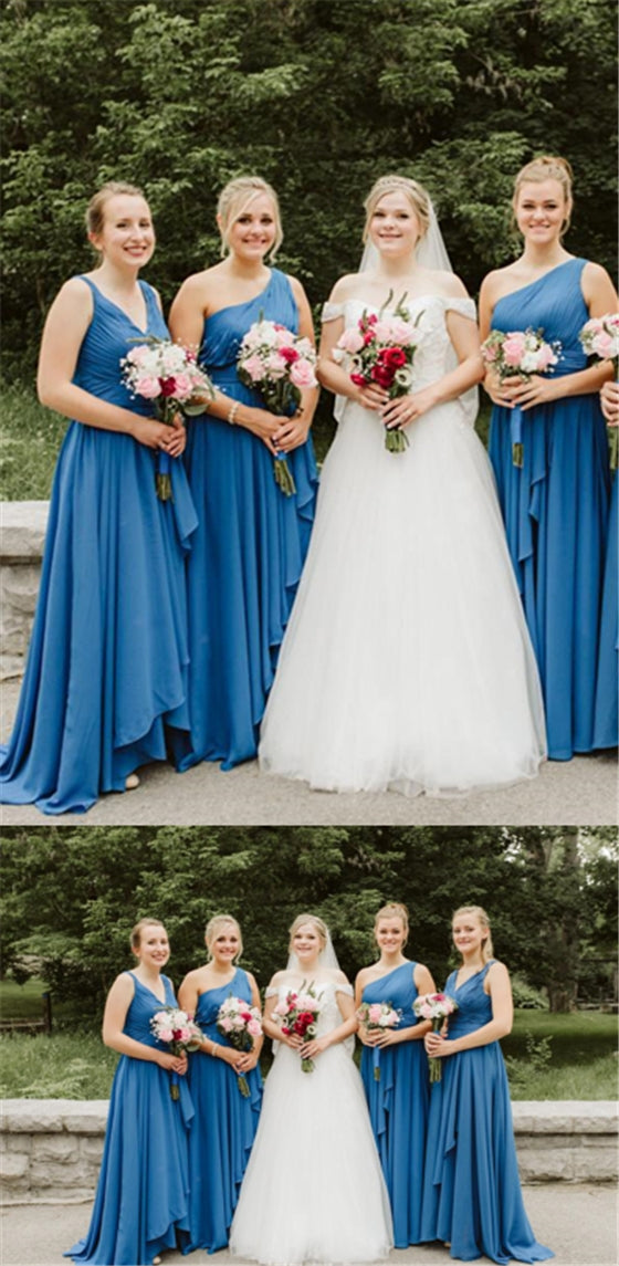 Mismatched Blue Chiffon Long Bridesmaid Dresses, Bridesmaid Dresses