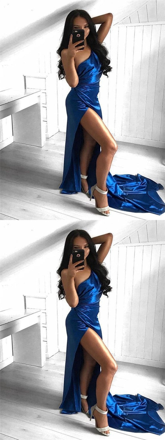 One Shoulder High Side Slit Royal Blue Long Prom Dresses