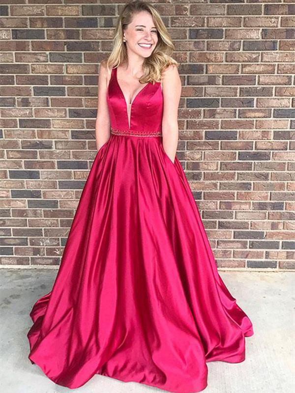 V-neck Red Satin Long A-line Prom Dresses