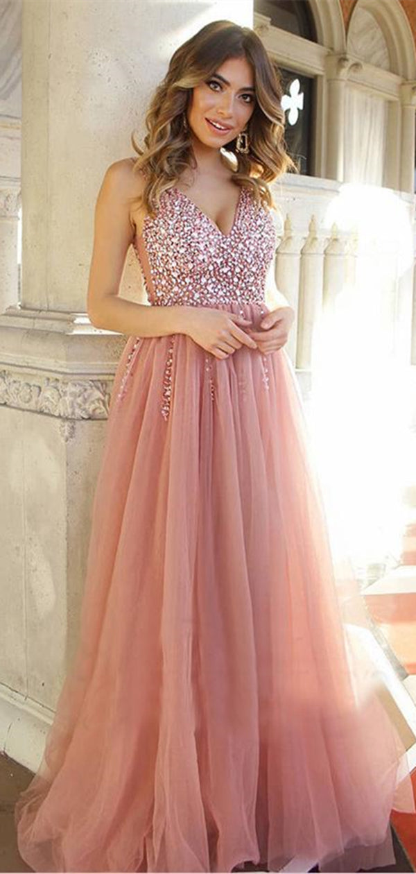 V-neck Dusty Pink Rhinestone Tulle Prom Dresses, Cheap Prom Dresses