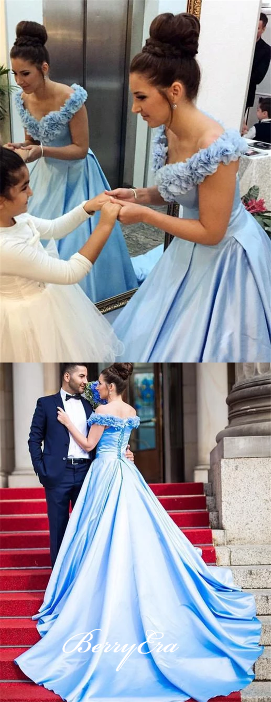 Off Shoulder Blue Satin Appliques Long Prom Dresses, Simple Prom Dresses