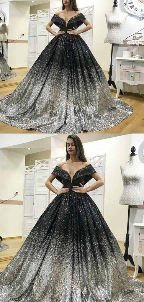 Off Shoulder Long A-line Gradient Sequin Prom Dresses