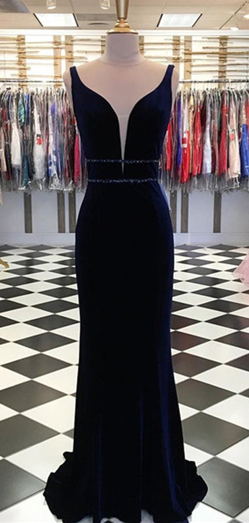 V-neck Navy Velvet Long Mermaid Beaded Prom Dresses