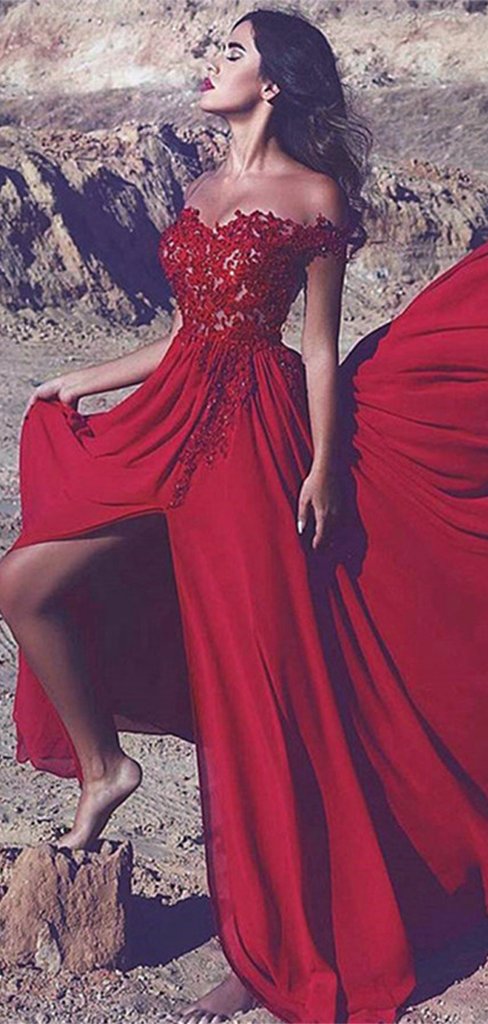 Off Shoulder Long A-line Side Slit Chiffon Lace Prom Dresses