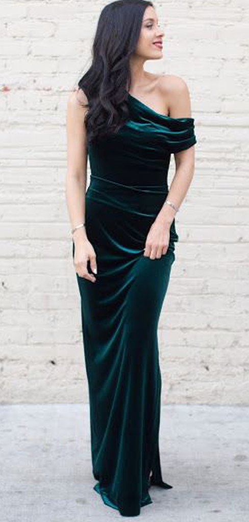 Long Sheath Emerald Green Velvet Prom Dresses