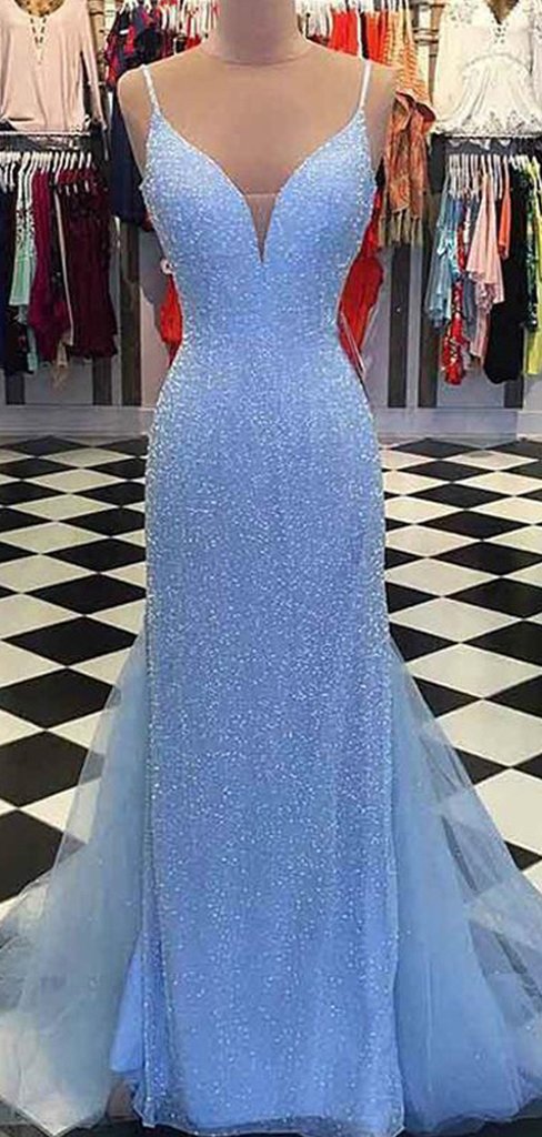 Spaghetti Ling Sheath Sequin Tulle Blue Prom Dresses