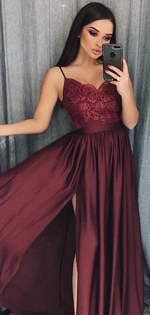 Maroon Long A-line Side Slit Lace Satin Chiffon Prom Dresses