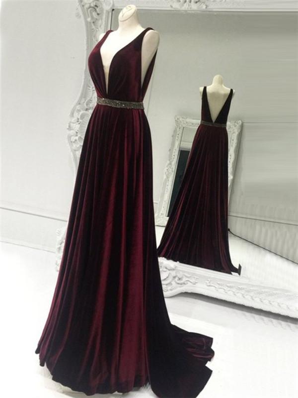 V-neck Velvet Long A-line Beaded Prom Dresses