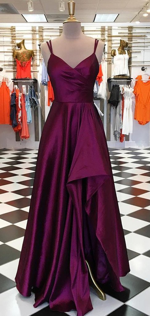 Simple Plum Satin Long Side Slit Prom Dresses