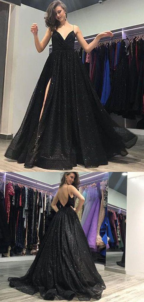 Long A-line Side Slit Sequin Prom Dresses，Spaghetti Evening Dresses