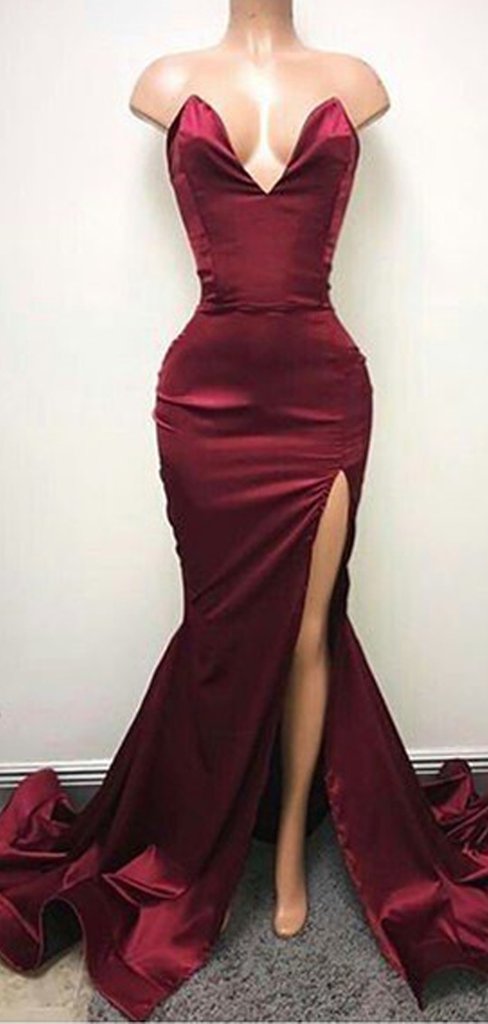 Sexy Mermaid Long Side Slit Silk Like Satin Prom Dresses