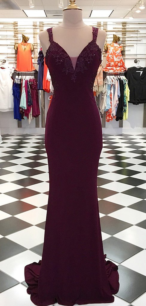 Dark Red Long Mermaid Maroon Lace Jersey Prom Dresses