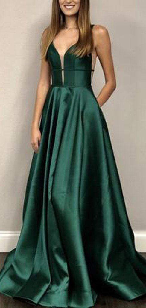 Long A-line Emerald Green Satin Prom Dresses