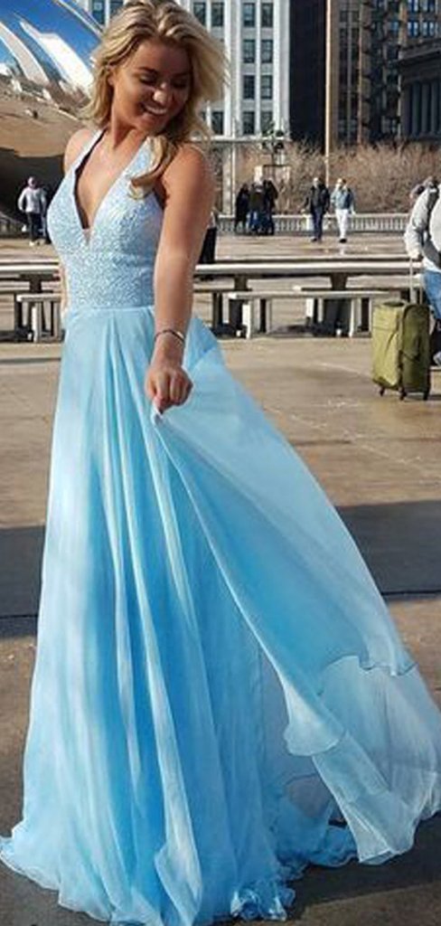 V-neck Blue Sequin Top Long A-line Chiffon Prom Dresses