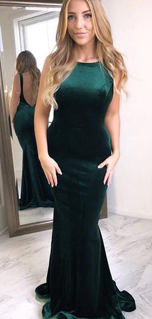 Long Prom Dresses Velvet Emerald Green Backless Evening Dresses