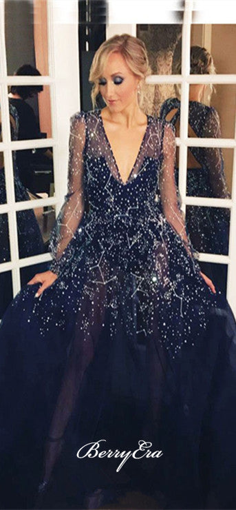 Long Sleeves Sparkle Navy Beaded Long A-line Prom Dresses